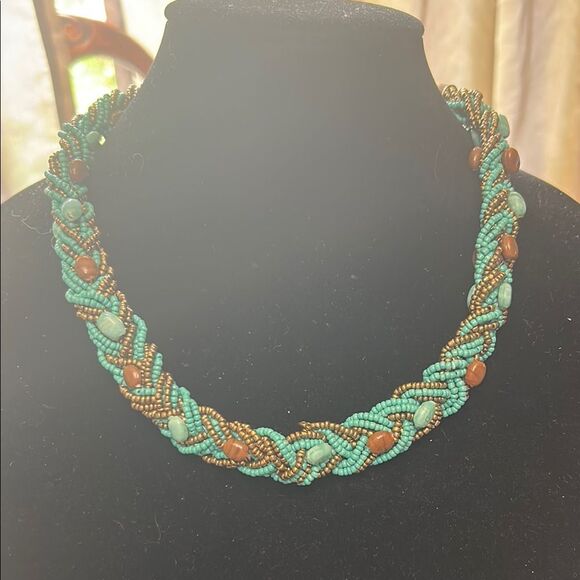 Blue and Brown Braided Necklace with Intricate Design - Picture 1 of 3